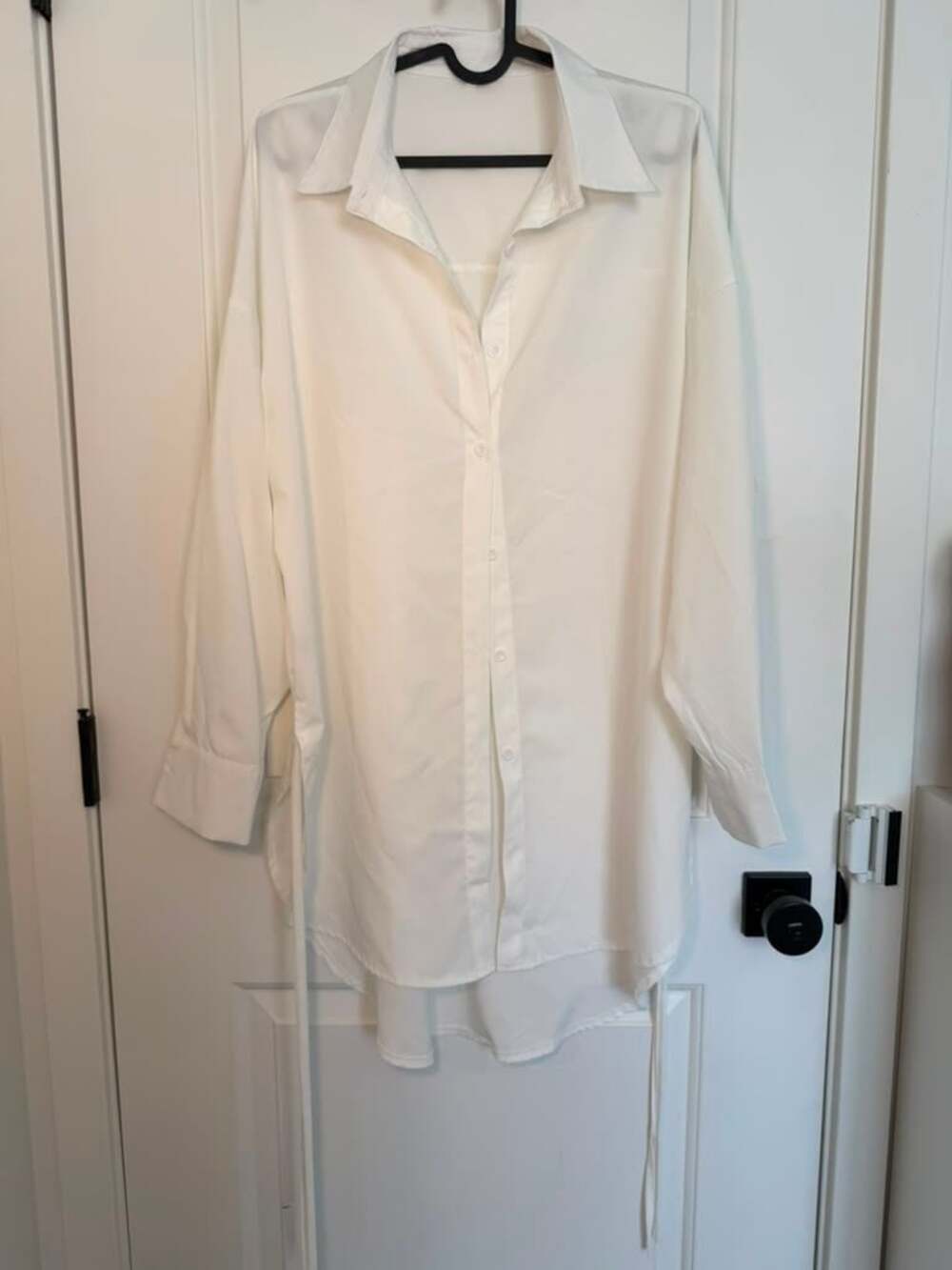 Oversized Long Sleeve White Button-Down Sheer Shirt Dress with Side Ties